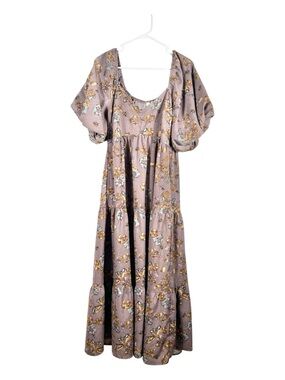 ROOLEE Dusty Mauve Floral Tiered Bubble Sleeve Midi Maxi Dress Size L